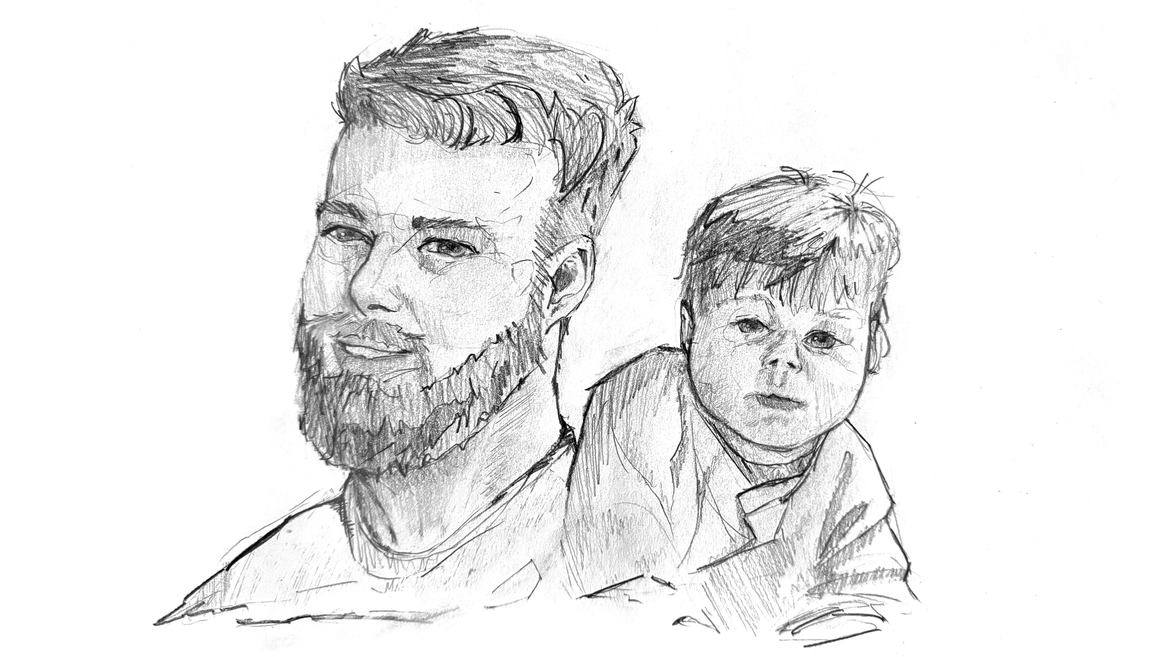A detailed pencil sketch of a bearded dude with short hair and a baby. The guy's rocking a light shirt, and the kid's in a onesie. Both have soft, chill expressions. The background's plain white, keeping all eyes on them. The style's realistic and super detailed, with careful shading and texture.